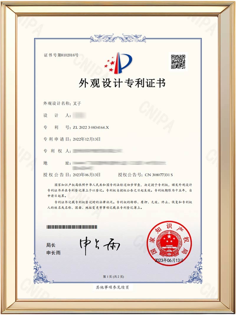 Certificado de Patente de Design Ehucon - Garfo